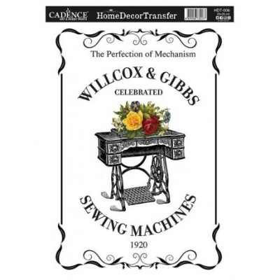 Transferência para decoração com design de máquina de costura antiga e texto em moldura preta.