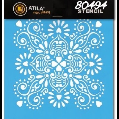 Stencil azul com padrão floral branco e embalagem preta com texto e logotipo