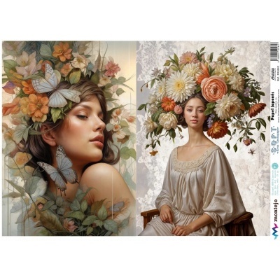 Duas mulheres com coroas florais coloridas, uma de perfil com borboletas e outra sentada com vestido claro e arranjo floral grande.