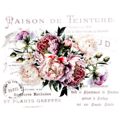 Arranjo floral de peónias rosa, branco e vermelho com texto em francês e carimbo Paris