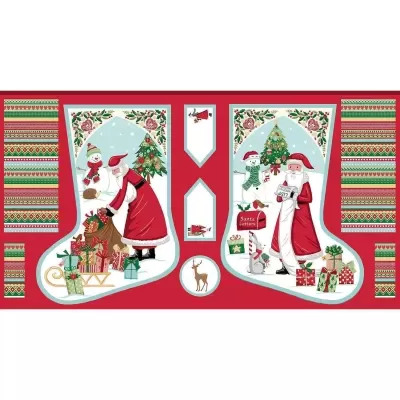 Painel de tecido com padrão de Natal em vermelho, Pai Natal e boneco de neve com presentes.