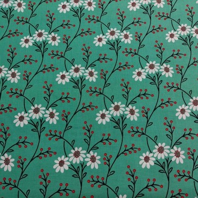 Pano verde com padrão floral branco, castanho, vermelho, preto e verde