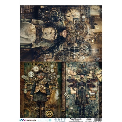 Três imagens artísticas steampunk com roupas vitorianas e engrenagens mecânicas