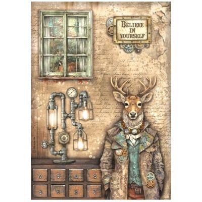 Arte decorativa com cervo vestido, janela, lâmpada industrial e placa metálica com texto