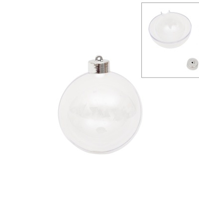 Bola de Natal transparente desmontada em duas partes com tampa prateada