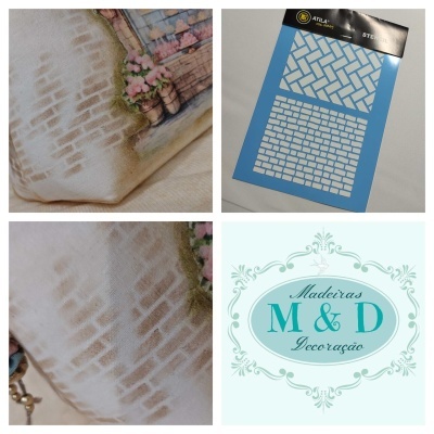 Padrões de tijolos em tecido e stencil, logótipo Madeiras M&D Decoração