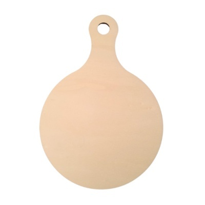 Tábua de cortar redonda de madeira clara com cabo e furo para pendurar