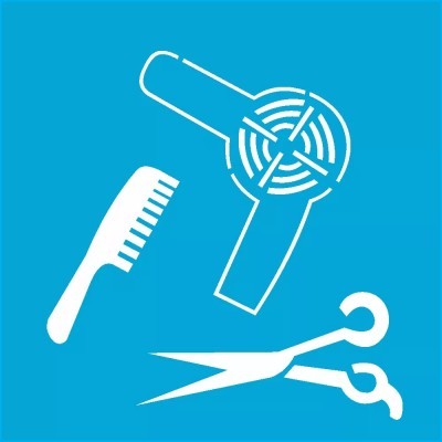 Pictogramas brancos de secador, pente e tesoura sobre fundo azul