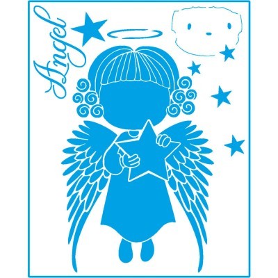Desenho azul de anjo segurando estrela com asas e estrelas ao redor, texto Angel