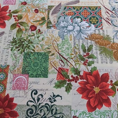 Tecido decorativo com estampado natalício colorido incluindo flores, folhas, bagas, pinhas e texto.
