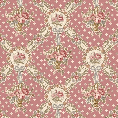Padrão floral vintage em fundo rosa com flores em cestos e folhas verde creme