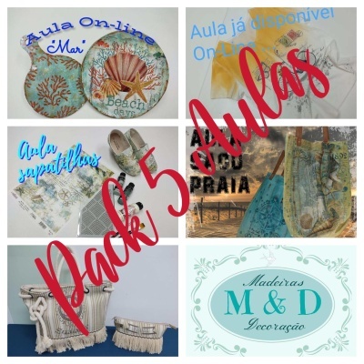 Conjunto de produtos decorativos marítimos e rústicos para casa com logotipo Madeiras M & D Decoração.