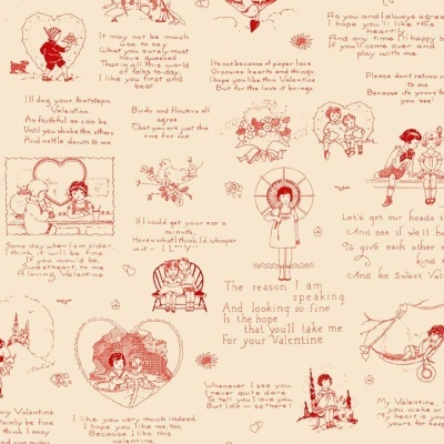 Tecido vintage com desenhos vermelhos de Dia dos Namorados e textos em inglês