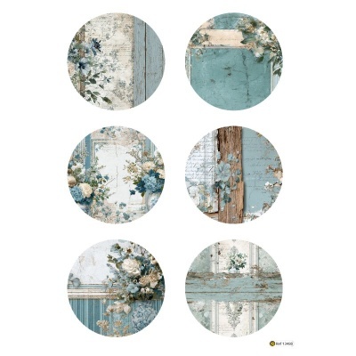Seis imagens redondas com padrões florais vintage em azul, branco e madeira
