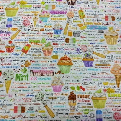 tecido estampado com desenhos coloridos de cupcakes, gelados e receitas em inglês