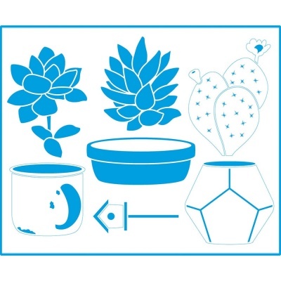 Ilustração em azul e branco de três plantas suculentas e seus vasos.