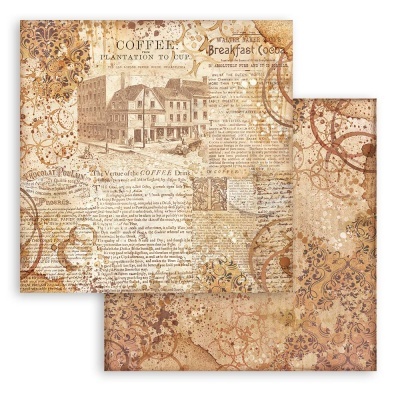 Papel vintage com texto e ilustração sobre café em tons castanho e bege