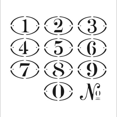Stencil com números de 0 a 9 e símbolo 'Nº' em oval preto sobre fundo branco