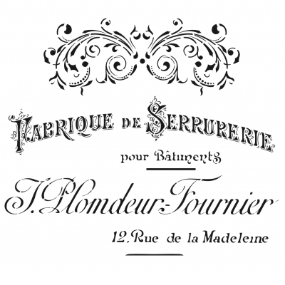 Texto em francês com ornamentos decorativos, fonte antiga e detalhes estilizados