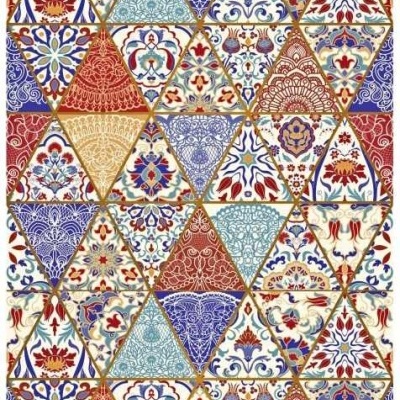 Padrão decorativo de triângulos com desenhos florais e geométricos em cores vivas