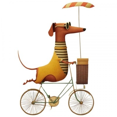 Cão estilizado a andar de bicicleta com guarda-chuva.