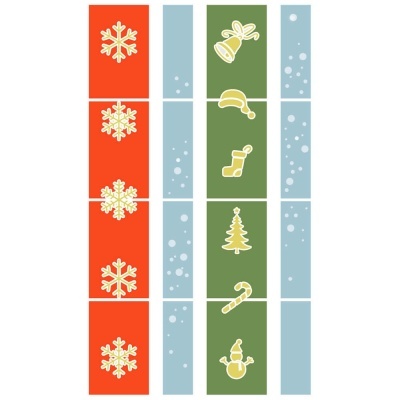 Etiquetas de papel com símbolos natalícios dourados em fundos vermelho, verde e azul