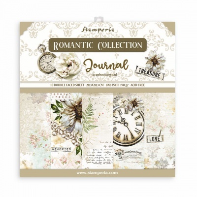 Bloco de papel decorativo Stamperia Romantic Collection para scrapbooking com temas vintage e palavras em inglês.