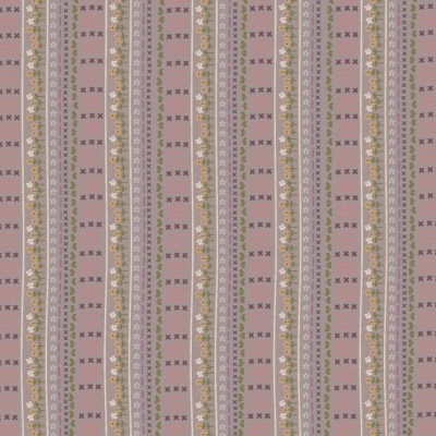 Tecido listrado com padrão floral e losangos em tons suaves de rosa, bege e dourado