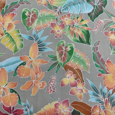 Pano com padrão floral tropical colorido em fundo cinzento