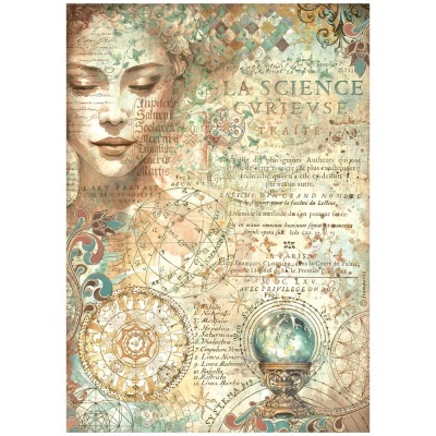 Imagem artística com rosto feminino, mapas celestes, texto em francês e elementos decorativos coloridos.