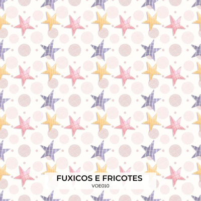 Papel decorativo branco com estrelas coloridas e texto FUXICOS E FRICOTES