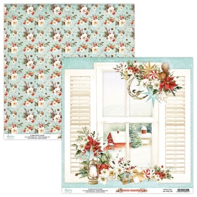 Folha dupla face para scrapbooking com padrão floral e janela decorada com guirlanda e presentes