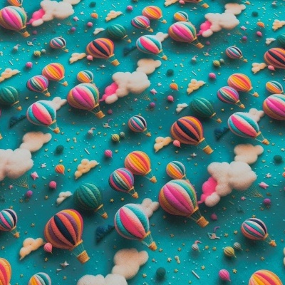 Miniaturas coloridas de balões de ar quente em feltro com nuvens num fundo azul