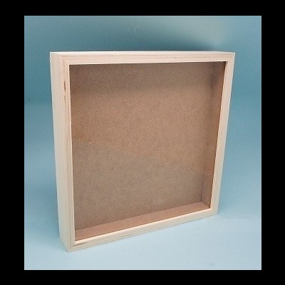 Moldura quadrada de madeira clara com fundo castanho em superfície azul