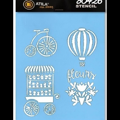 Stencil ATILA com desenhos de bicicleta, balão, banca de flores e arranjo floral com palavra 