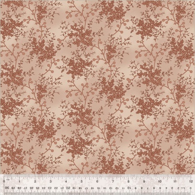 Pano bege com padrão castanho de ramos e folhas e régua branca até 12 cm na base.