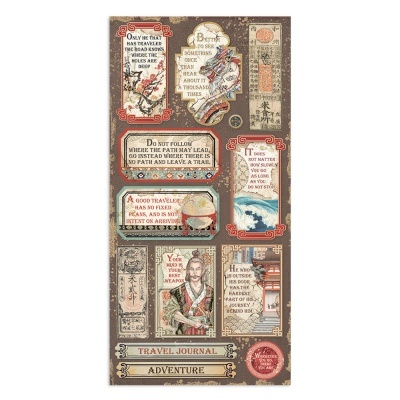 Painel decorativo com citações em inglês, imagens asiáticas, e texto TRAVEL JOURNAL ADVENTURE