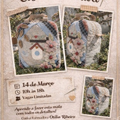 Flyer de workshop de Costura Criativa com imagens de mala artesanal acolchoada e decorativa em tons suaves.