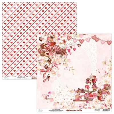 Papéis decorativos para scrapbook com corações vermelhos e ilustrações de chocolates e flores em tons rosa