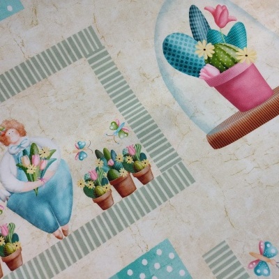 tecido com padrão de flores, cactos, borboletas e figura feminina coloridos