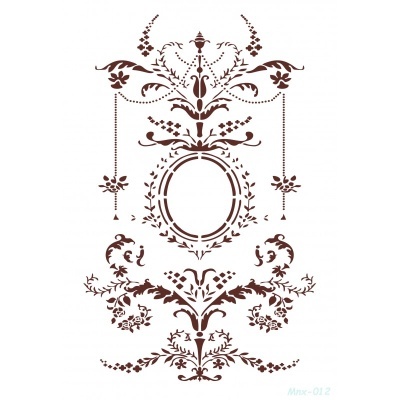 Padrão decorativo vintage castanho com elementos florais simétricos e oval central vazio