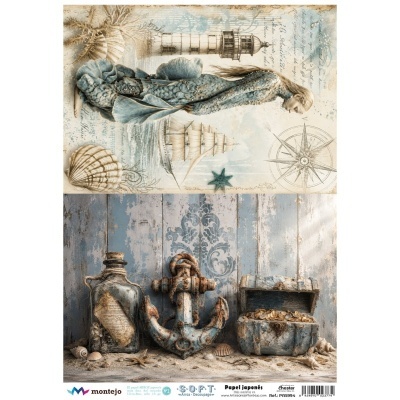 Ilustração e fotografia com tema náutico, incluindo sereia, âncora, baú com moedas e conchas em fundo de madeira azul desgastada