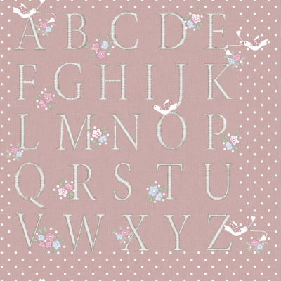 Padrão com alfabeto em bege, flores e pássaros em fundo rosa com bolinhas
