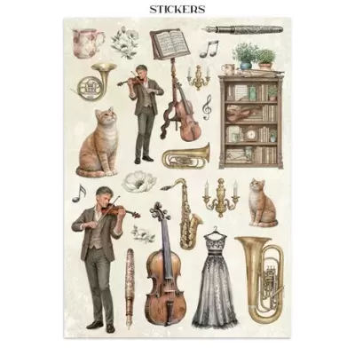 Folha de autocolantes com figuras diversas relacionadas com música, livros, animais e objetos decorativos.
