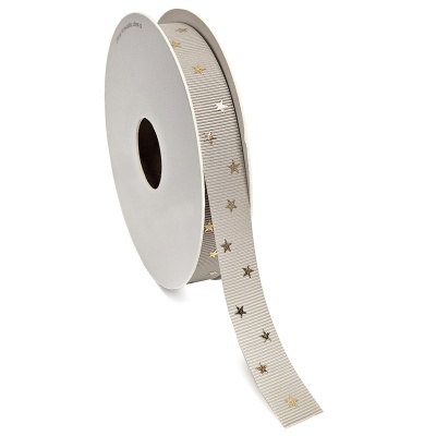 Rolo de fita decorativa cinza com estrelas douradas e prateadas