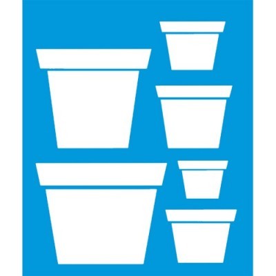 Seis vasos brancos variados sobre fundo azul