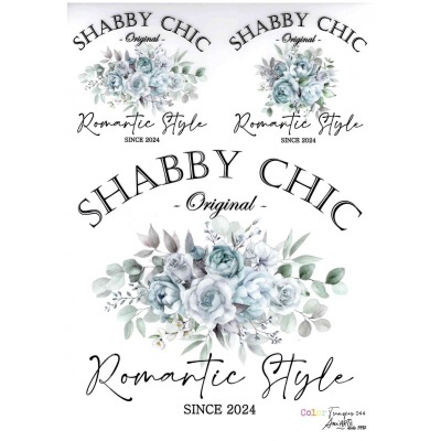 Etiqueta com flores e texto Shabby Chic Original Romantic Style desde 2024