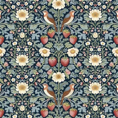 Papel de parede azul escuro com padrão de passarinhos, morangos e flores brancas