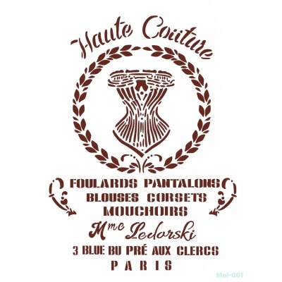 Logótipo castanho com corpete e texto em francês sobre moda