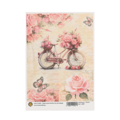 Papel de decoupage com bicicleta rosa e flores